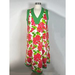 Floral Print A-Line Shift Dress L Midi V-Neck Sleeveless White Pink *Read
